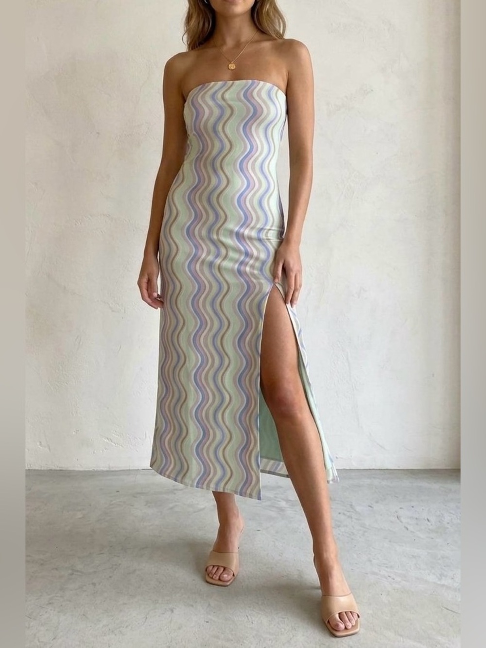 Zara NWT Strapless Wavy Mesh Tulle Maxi Dress Pastel Striped Y2K Festival Size L